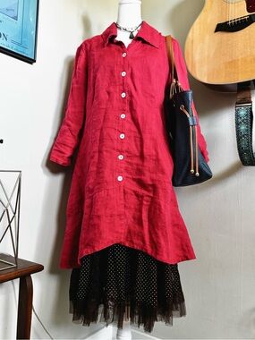Flowy Lagenlook Coral/Red Italian Linen-like Shirt Dress/Tunic